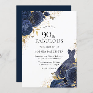 Navy Blue Roses & Dress Gold 90th Birthday Party Invitation
