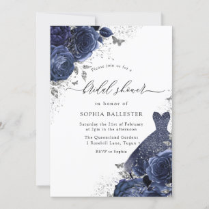 Navy Blue Roses & Dress Silver Bridal Shower Invitation