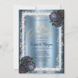 Navy Blue Roses, Glitter Frame Crown Metallic Invitation