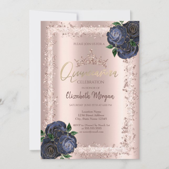 Navy Blue Roses, Glitter Frame Crown Quinceañera  Invitation (Front)