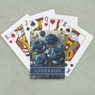 Navy Blue Roses Gold Gilding Family Name Playing Cards