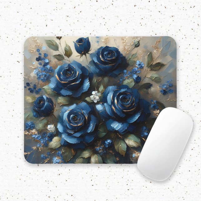 Navy Blue Roses Gold Gilding Impressionist Art Mouse Pad (Creator Uploaded)