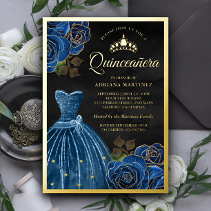 Navy Blue Roses Gown Black Quinceanera Gold