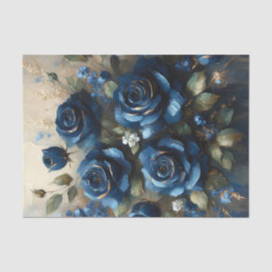 Navy Blue Roses with Gold Impressionist Decoupage Tissue Paper