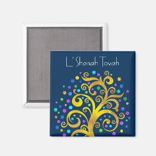 Navy Blue Rosh Hashanah Gold Tree of Life Modern Magnet