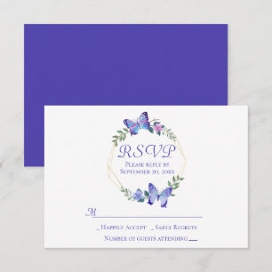 Navy Blue RSVP Butterfly Floral Wreath Wedding Invitation