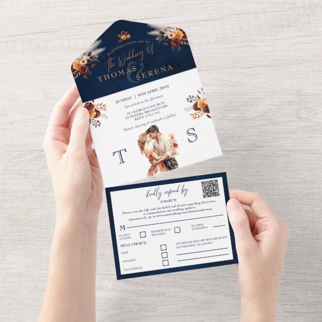 Navy Blue Rust All-In-One QR Code Pampas Grass  All In One Invitation (Tearaway)