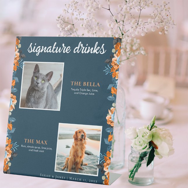 Navy Blue Rust Floral 2 Photo Pet Signature Drink Pedestal Sign (Creator Uploaded)