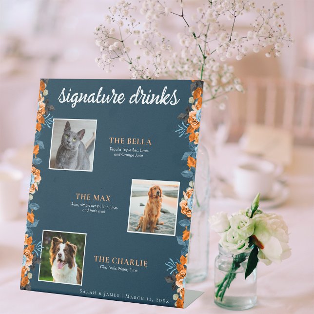 Navy Blue Rust Floral 3 Photo Pet Signature Drink Pedestal Sign (Creator Uploaded)
