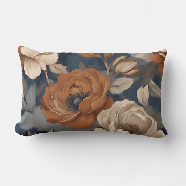 Navy Blue Rust Modern Farmhouse Floral Lumbar Cushion (Front)