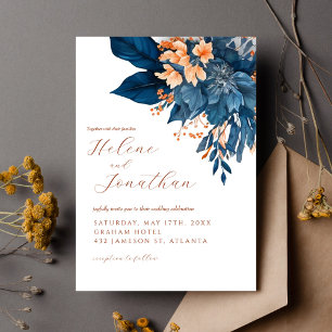 Navy Blue Rust Orange Floral Elegant Wedding Invitation