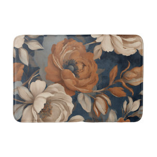 Navy Blue Rust Orange Modern Farmhouse Floral Bath Mat