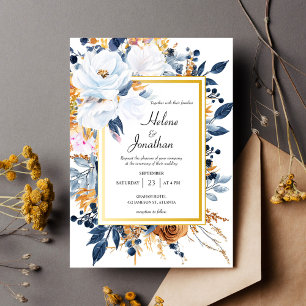 Navy Blue Rust Terracotta Floral Elegant Wedding Invitation