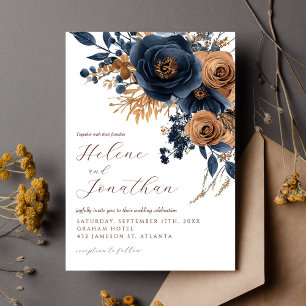 Navy Blue Rust Watercolor Floral Elegant Wedding Invitation