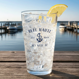 Navy Blue Rustic Anchor Boat Name Glass