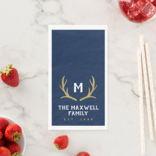 Navy Blue Rustic Antler Monogram Napkin