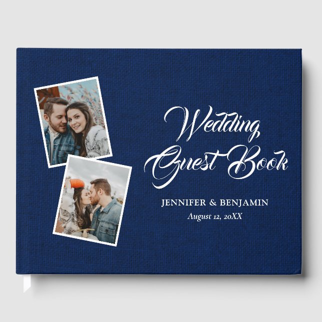 Navy Blue Rustic Burlap Wedding Photo Guest Book (Front)