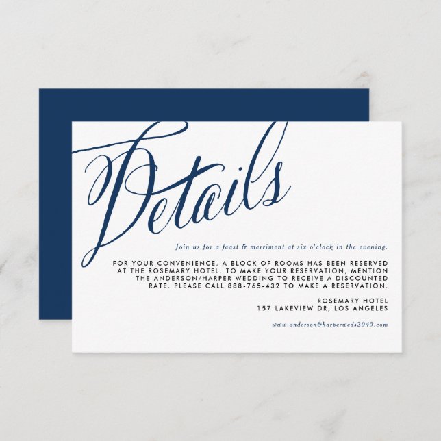 Navy Blue Rustic Calligraphy Wedding Details Enclosure Card (Front/Back)