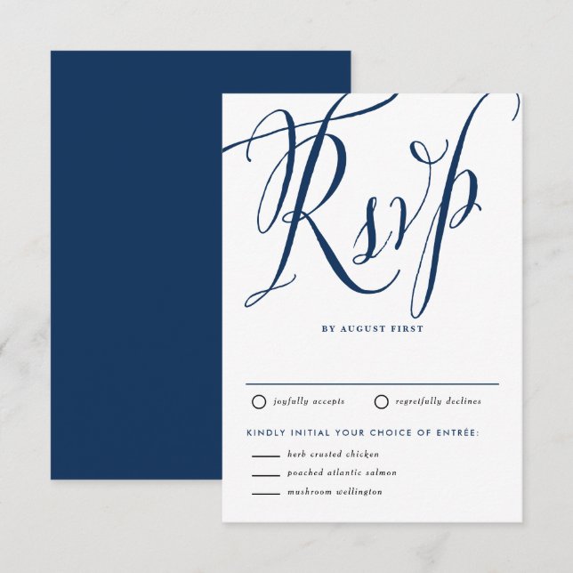 Navy Blue Rustic Calligraphy with Meal Choice RSVP Card (Front/Back)