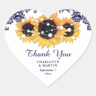 Navy Blue Rustic Chic Lace Sunflower Wedding Heart Sticker