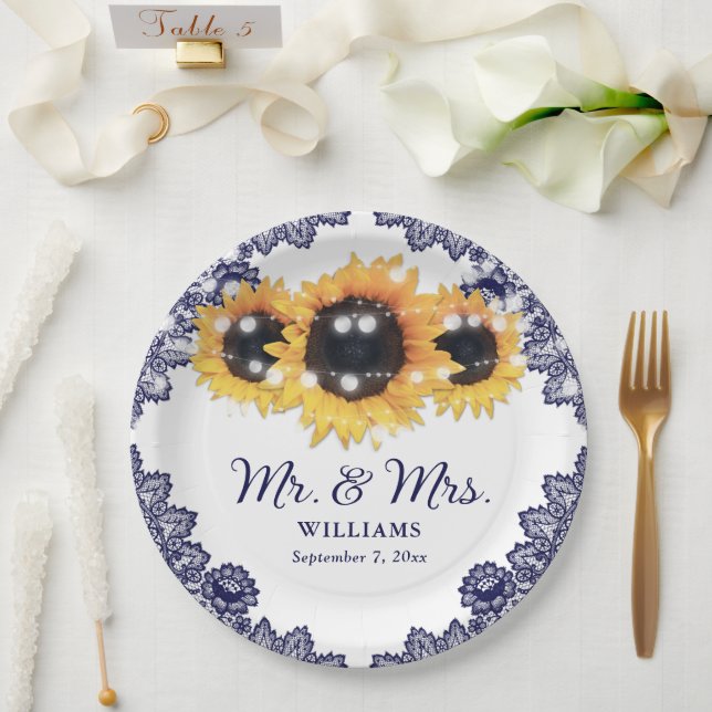 Navy Blue Rustic Chic Lace Sunflower Wedding Paper Plate (Wedding)