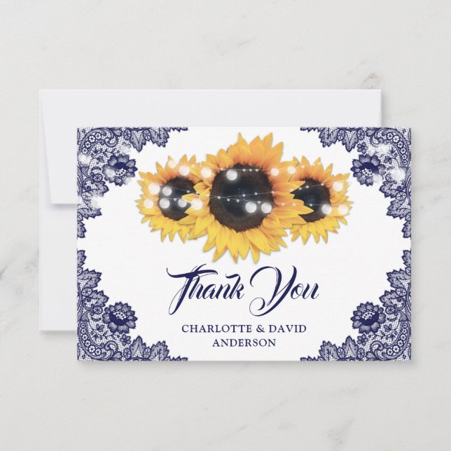 Navy Blue Rustic Chic Lace Sunflower Wedding Thank You Card (Front)