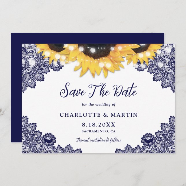 Navy Blue Rustic Chic Sunflower Lace Wedding Save The Date (Front/Back)