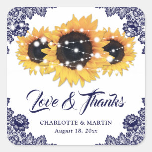 Navy Blue Rustic Chic Sunflower Wedding Thank You Square Sticker