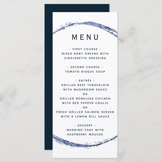 Navy Blue Rustic Circle Ampersand Wedding Menu (Front/Back)