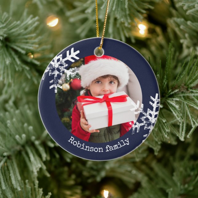 Navy Blue Rustic Circle Photo Ornament Snowflakes (Tree)