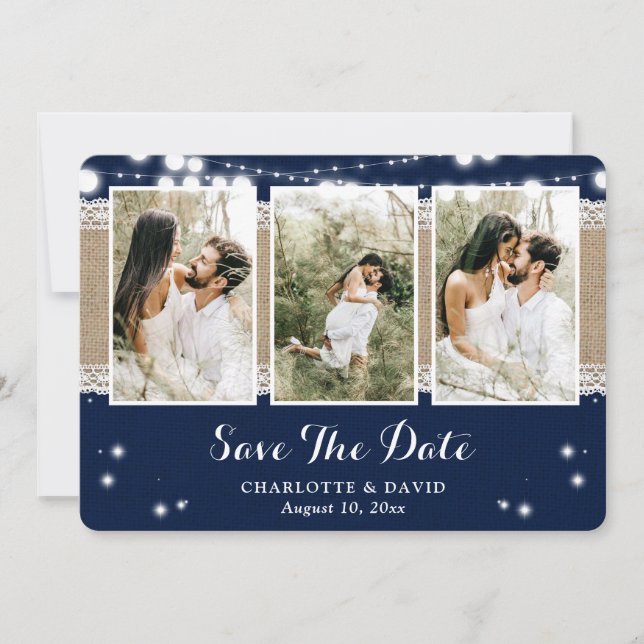 Navy Blue Rustic Country Wedding Photo Save The Date (Front)