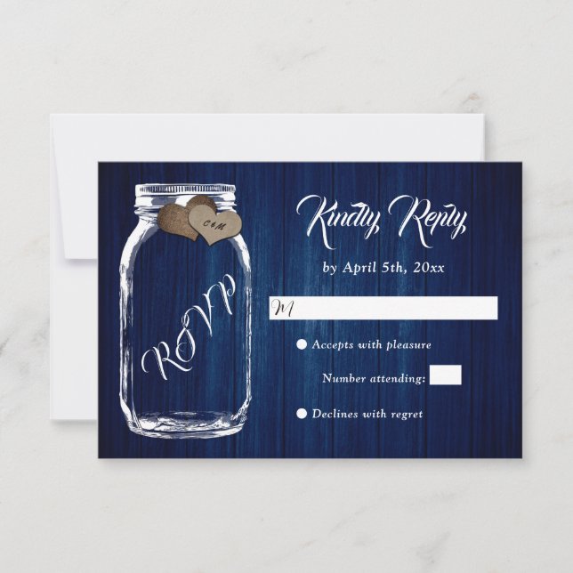 Navy Blue Rustic Country Wood Mason Jar Wedding RSVP Card (Front)