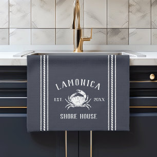 Navy Blue Rustic Crab Personalised Shore House Tea Towel