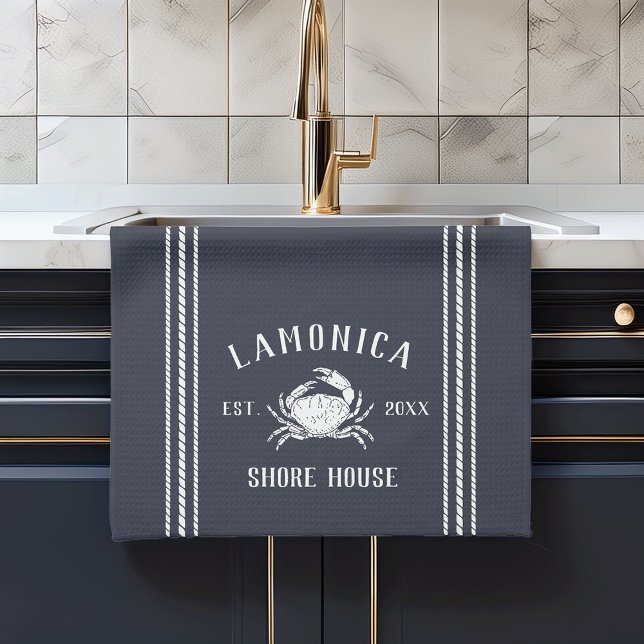 Navy Blue Rustic Crab Personalised Shore House Tea Towel (Creator Uploaded)