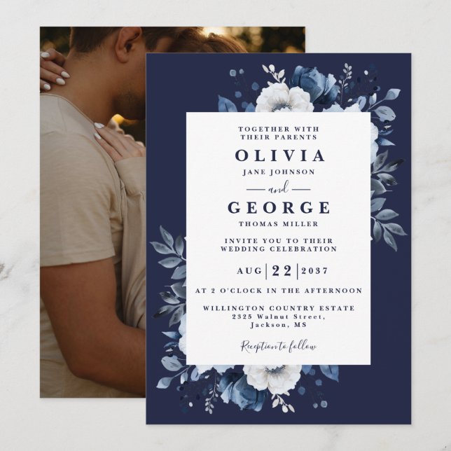 Navy Blue Rustic Elegant Floral Photo Wedding Invitation (Front/Back)