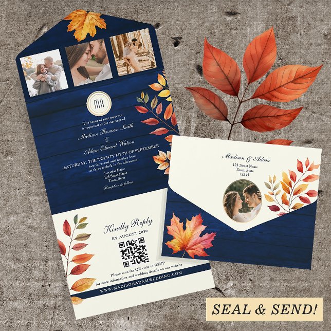 Navy Blue Rustic Fall Wedding  All In One Invitation (Creator Uploaded)