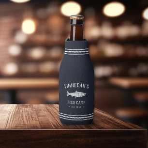 Navy Blue Rustic Fishing Cabin Personalised Bottle Cooler