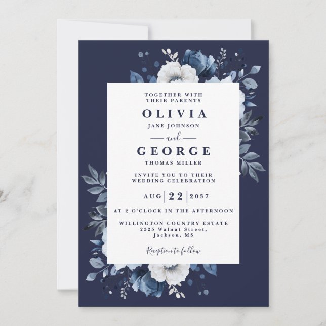 Navy Blue Rustic Floral All In One Wedding Invitation (Front)