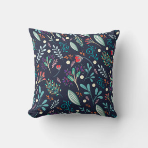 Navy Blue Rustic Floral Folk Art Pattern Pillow