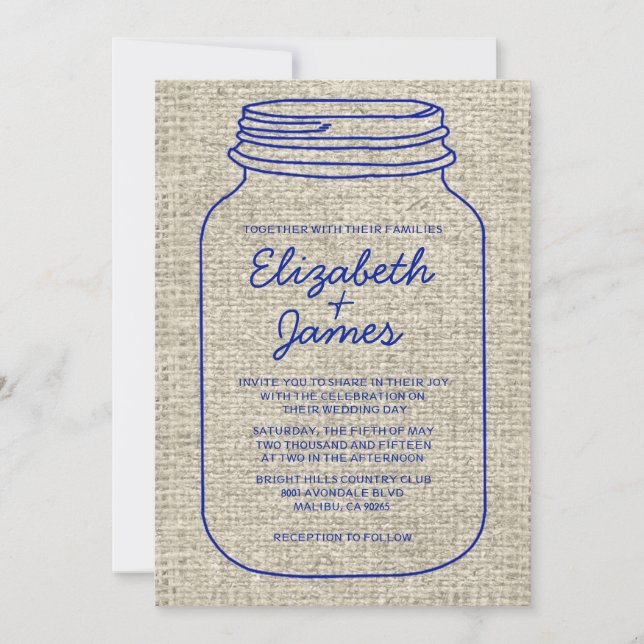 Navy Blue Rustic Mason Jar Wedding Invitations (Front)