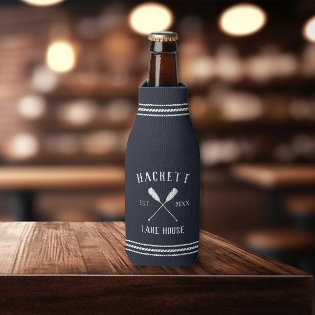 Navy Blue Rustic Oars Personalised Lake House Bottle Cooler (Creator Uploaded)