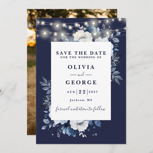 Navy Blue Rustic String Lights Floral Photo Save The Date (Front/Back)