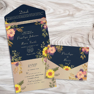 Navy Blue Rustic Sunflower Wedding All In One Invitation