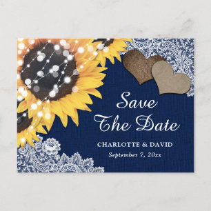 Navy Blue Rustic Sunflower Wedding Save The Date Announcement Postcard