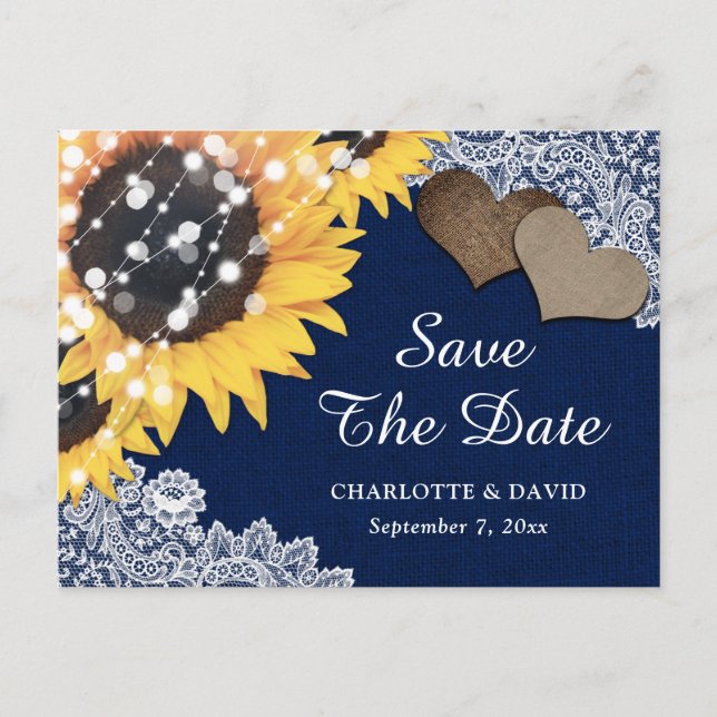 Navy Blue Rustic Sunflower Wedding Save The Date Announcement Postcard (Front)