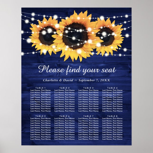 Navy Blue Rustic Sunflower Wedding Seating Chart 8 (Front)