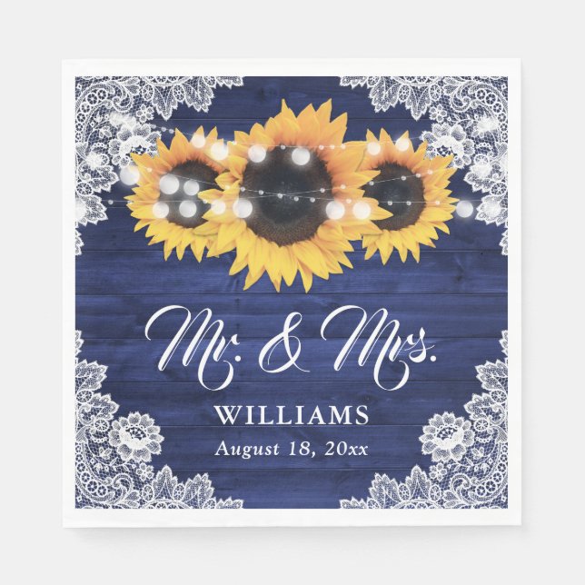 Navy Blue Rustic Sunflower Wood Lace Wedding Napkin (Front)