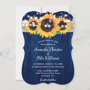 Navy Blue Rustic Sunflower Wood Wedding Invitation