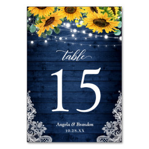 Navy Blue Rustic Sunflowers String Lights Wedding Table Number