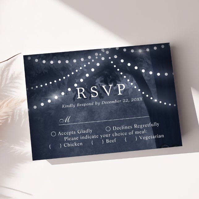 Navy Blue Rustic Tree Lights Wedding RSVP (Creator Uploaded)